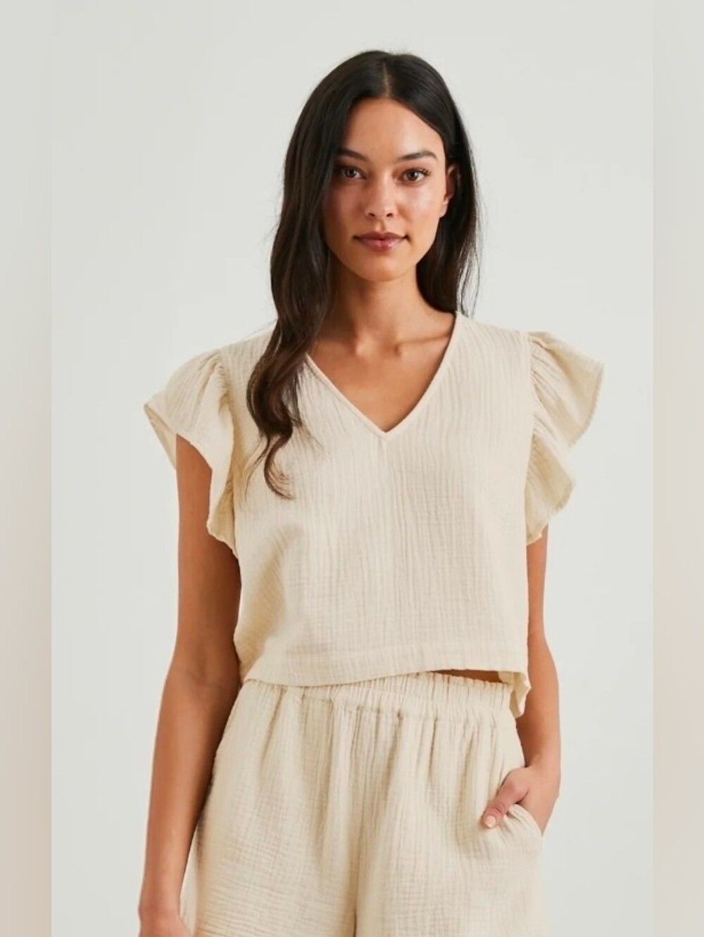 Rails Miley Leon Matching Set XS Flax Cotton Gauze Flutter Sleeve Top